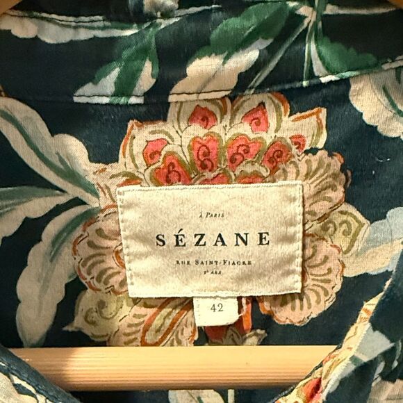 Sezane Chemise Chlo Dark Green Floral Blouse size 42/10 - Picture 4 of 12